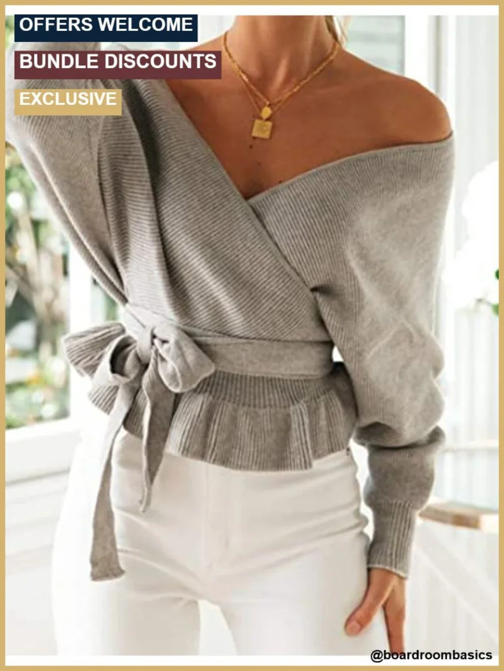 Women's Wrap V Neck Ruffle Hem Batwing Sleeve Knit Sweater with Belt